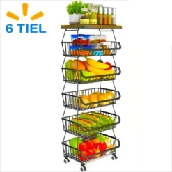 FURNIinspire Kitchen Rack Holder Metal Baskets With Wheels Stackable Storage Organizer For Dining Room Bathroom Fruit Cart, Black, 12.09"*7.02"*15.99" -Outdoor Kitchen & Living GUEST 05d77cad 8b3e 45ae a98c c6a1eb693a98