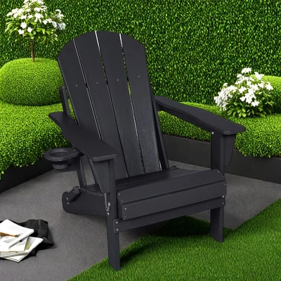FURNIinspire Patio Accent Chairs Folding Adirondack Chair, Outdoor Adirondack Chair With Cup Holder, Wood Texture Folding Chair, Black, 32"*29"*36" 6 FURNIinspire Patio Accent Chairs Folding Adirondack Chair, Outdoor Adirondack Chair With Cup Holder, Wood Texture Folding Chair, Black, 32"*29"*36" - Image 4