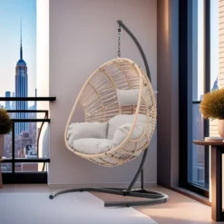 FURNIinspire Patio Swings Wicker Swing Egg Chair With Stand, Outdoor Indoor Hanging Chair With Beige Seat Cushion, Natural Color, 42“*47"*73" -Outdoor Kitchen & Living GUEST 088f6f4e 0b7d 4e8c 9491 51a97521f158
