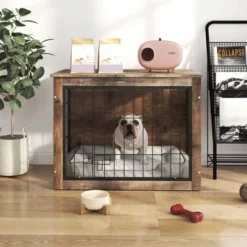 FURNIinspire Pet Crates And Houses Dog Crate Furniture With Double Doors, Medium Wooden Dog Cage, Indoor Dog Kennel, Brown, 32.68"*22.05"*25.2" -Outdoor Kitchen & Living GUEST 0975c5df 855b 46b6 91f5 d7a397c47d65