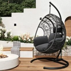 FURNIinspire Patio Swings Hanging Chair With Seat Cushion For Relaxation, Outdoor Indoor Wicker Swing Egg Chair With Stand, Gray, 42“*47"*73" -Outdoor Kitchen & Living GUEST 0a608960 767f 4b76 921f 4e8c34ac05d2