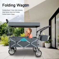 FURNIinspire Outdoor Serving Carts Push Pull Utility Folding Wagon With Removable Canopy For Camping Beach Outdoor, Gray, 50"*20.47"*43.3" -Outdoor Kitchen & Living GUEST 0fa01ac2 fc9d 435b 9351 e99c84bd6269