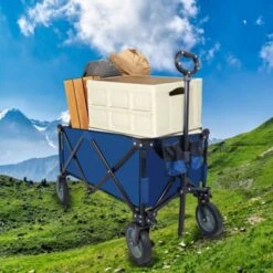 FURNIinspire Outdoor Serving Carts Utility Collapsible Folding Wagon Cart Heavy Duty Foldable Beach Wagon For Camping, Blue, 34.65"*17.71"*35.23" -Outdoor Kitchen & Living GUEST 122bc2fe b925 40ad a152 234b854bd9cf