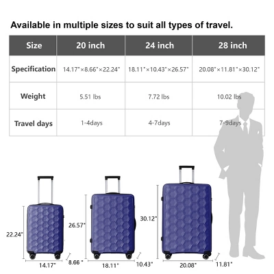 FURNIinspire Bag And Luggage Sets 3 Piece Travel Luggage With Rolling Wheels, Lightweight Hard Shell Suitcase Set, Blue, 20.08"*11.81"*30.12" 4 FURNIinspire Bag And Luggage Sets 3 Piece Travel Luggage With Rolling Wheels, Lightweight Hard Shell Suitcase Set, Blue, 20.08"*11.81"*30.12" - Image 2