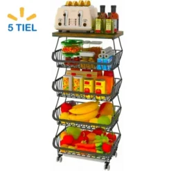 FURNIinspire Kitchen Holder Metal Baskets With Wheels Stackable Storage Organizer For Dining Room Bathroom Fruit Cart, Black, 15.99"*12.09"*6.63" -Outdoor Kitchen & Living GUEST 14fb931a 3153 468b a493 29d250e3af05
