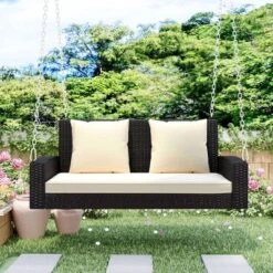 FURNIinspire Patio Swings Wicker Hanging Porch Swing With Chains With Cushion And Pillow, Patio Swing For Backyard, Brown And Beige, 50"*22"*21" -Outdoor Kitchen & Living GUEST 18af9076 bfb1 4fcf 8097 459c0b56978d