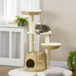 FURNIinspire Cat Tree Kitty Activity Center, Cat Climbing Toy With Cattail Fluff, Bed, Condo, Sisal Scratching Post, Natural, 19.8"*19.8"*46.8" -Outdoor Kitchen & Living GUEST 19993a37 8600 4888 84ab 9d517f38ad87