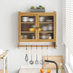 FURNIinspire Kitchen And Dining Cabinets Vintage Glass Door Wood Wall Cabinet, Dining Room Pantry Cabinet With Towel Rack, Brown, 7.08"*24.8"*23.62" -Outdoor Kitchen & Living GUEST 1d1e0621 ea3e 4b43 ac5f 36abcb349729