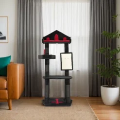 FURNIinspire Pet Tower 50 Inch Gothic Corner Cat Tree Cat Tower Stand With Perch, Scratching Post, Extra Wide Base, Black, 23.4"*23.01"*50"