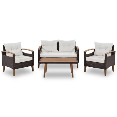 FURNIinspire Patio Seating Sets 4-Pieces Outdoor Wicker Seating Set, Conversation Sofa Set, Sofa Set And Wood Table, Brown And Beige, 46“*25”*28“ 5 FURNIinspire Patio Seating Sets 4-Pieces Outdoor Wicker Seating Set, Conversation Sofa Set, Sofa Set And Wood Table, Brown And Beige, 46“*25”*28“ - Image 3
