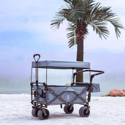 FURNIinspire Outdoor Serving Carts Collapsible Wagon Foldable With Removable Canopy Wheels For All-Terrain Brake For Camping, Gray, 35.4"*19.7"*44.5" 3 FURNIinspire Outdoor Serving Carts Collapsible Wagon Foldable With Removable Canopy Wheels For All-Terrain Brake For Camping, Gray, 35.4"*19.7"*44.5"