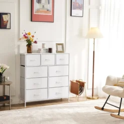 FURNIinspire Dressers 9 Drawer Fabric Tall Dresser Tower Closet Storage Chest Of Drawers For Bedroom Nursery, White, 11.8"*39.37"*39.37"