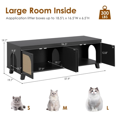 FURNIinspire Pet Crates And Houses Double Large Hidden Cat Litter Box Enclosure Furniture Cabinet With Rattan Doors, Black, 57.9"*19.7"*19.7" 6 FURNIinspire Pet Crates And Houses Double Large Hidden Cat Litter Box Enclosure Furniture Cabinet With Rattan Doors, Black, 57.9"*19.7"*19.7" - Image 4