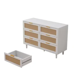 FURNIinspire Dressers Rattan Storage Cabinet Clothes Storage Cabinet With 6 Drawer For Bedroom Nursery, Large Capacity, White, 43.31"*15.75"*29.53" -Outdoor Kitchen & Living GUEST 26932b90 87a9 45bc b5e8 e38b5df66ba8