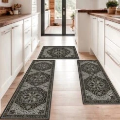 FURNIinspire Floor Mats Home 3 Piece Kitchen Rug Machine Washable Floor Mat For Living Room, Vintage Carpet, Non Slip, Black, 60"*20"