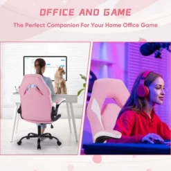 FURNIinspire Task And Office Chairs Pu Leather Office Chair Swivel Computer Gaming Chair With Lumbar Support, Pink And White, 25"*28"*46" -Outdoor Kitchen & Living GUEST 286c66dd 8e11 47c9 aa77 bf55a83b9528