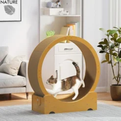 FURNIinspire Pet Tower Cat Exercise Wheel, Wooden Cat Treadmill Lock, Silent Caster, Cat Running Wheel For Indoor Kittens, Brown, 34"*14.4"*38" -Outdoor Kitchen & Living GUEST 2900ebc8 9257 476c 986b efbac17e2bd6