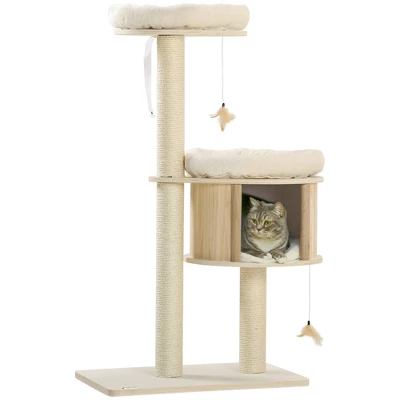 FURNIinspire Pet Tower 3 Level Cat Tree Cat Playhouse Cat Tower, Cat Toy Pet Furniture With Scratching Posts, Soft Cushion, Brown, 25.5"*17.75"*46.5" 3 FURNIinspire Pet Tower 3 Level Cat Tree Cat Playhouse Cat Tower, Cat Toy Pet Furniture With Scratching Posts, Soft Cushion, Brown, 25.5"*17.75"*46.5"