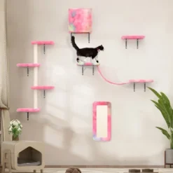 FURNIinspire Pet Tower Wall Mounted Cat Tree, 5 Pcs Cat Tower For Kittens, Modern Cat Furniture, Pink, 19.75"*7.85"*38.25" -Outdoor Kitchen & Living GUEST 2c9c56b9 113e 487a b22e f4a98a538b9b