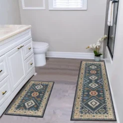 FURNIinspire Floor Mats 2 Piece Farmhouse Kitchen Rug Washable Area Rugs Non Skid Bohemian Mat For Hallway Entryway, Blue, 60"*20"