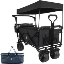 FURNIinspire Outdoor Serving Carts Collapsible Wagon 140L Wagons Carts Foldable With Removable Canopy Folding Wagon Cart, Black, 35.4"*19.7"*44.5" -Outdoor Kitchen & Living GUEST 2e56ff4c 15ec 4949 a4be 2579fb4e247e