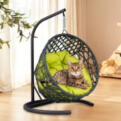FURNIinspire Pet Beds Cat Swing Bed With Stand, Cushion, Rattan Wicker Cat Egg Chair, Indoor Cooling Pet Bed Dog Bed, Green, 19.3"*19.3"*28.7" -Outdoor Kitchen & Living GUEST 2e88865e c3b4 48ce bde0 2b585f037168