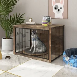 FURNIinspire Pet Crates And Houses Furniture Style Dog Crate Pet Cage With Double Doors, Indoor Wooden Dog Kennel, Brown, 44.49"*29.53"*30.51" -Outdoor Kitchen & Living GUEST 30be8073 a08e 4542 b256 4327a60e5889