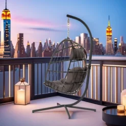FURNIinspire Patio Swings Outdoor Indoor Outdoor Wicker Hanging Chair Swing Chair Egg Chair, Patio Swing With Gray Cushion, Gray, 36“*36"*77" -Outdoor Kitchen & Living GUEST 3541a914 6e24 4643 9d20 55779d9cd4c4