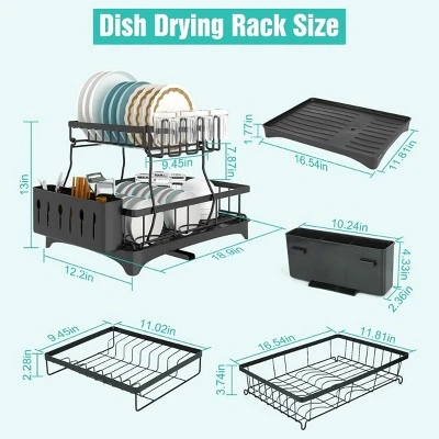 FURNIinspire Dish Racks 2-Tier Kitchen Holder Dish Drying Rack Detachable Drainer Organizer Utensil Cup Rack Swivel, Black, 17.36"*12.68"*4.29" 4 FURNIinspire Dish Racks 2-Tier Kitchen Holder Dish Drying Rack Detachable Drainer Organizer Utensil Cup Rack Swivel, Black, 17.36"*12.68"*4.29" - Image 2