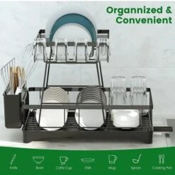 FURNIinspire Kitchen Racks 2 Tier Dish Rack Stainless Steel Dish Drying Rack Detachable Dish Drainers With Utensil Holder, Black, 16.6"*11.9"*13.3"