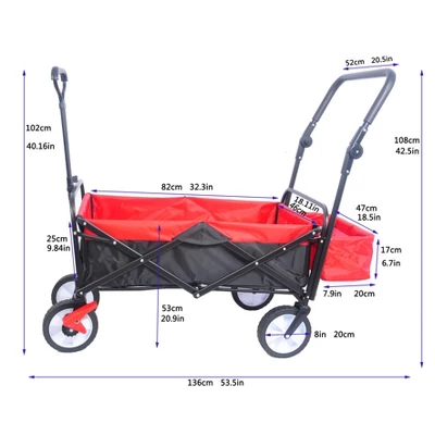 FURNIinspire Wheelbarrows And Lawn Carts Folding Wagon Collapsible Outdoor Utility Wagon, Lawn Car With Adjustable Handles, Black And Red, 53“*20"*43" 4 FURNIinspire Wheelbarrows And Lawn Carts Folding Wagon Collapsible Outdoor Utility Wagon, Lawn Car With Adjustable Handles, Black And Red, 53“*20"*43" - Image 2