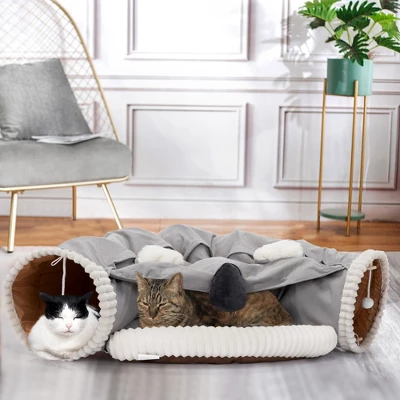 FURNIinspire Pet Crates And Houses, Patio Seating Sets, Washable Cat Hide Tunnel With Hanging Toys And Cushion Mat, Gray, 41.34"*23.62"*10.63" 3 FURNIinspire Pet Crates And Houses, Patio Seating Sets, Washable Cat Hide Tunnel With Hanging Toys And Cushion Mat, Gray, 41.34"*23.62"*10.63"