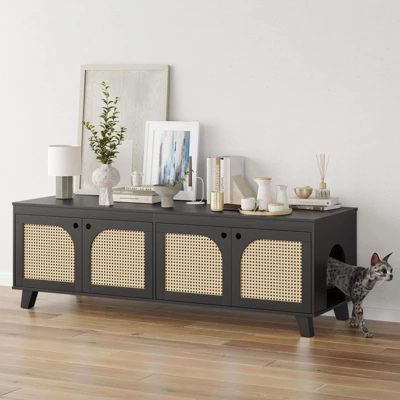 FURNIinspire Pet Crates And Houses Double Large Hidden Cat Litter Box Enclosure Furniture Cabinet With Rattan Doors, Black, 57.9"*19.7"*19.7" 7 FURNIinspire Pet Crates And Houses Double Large Hidden Cat Litter Box Enclosure Furniture Cabinet With Rattan Doors, Black, 57.9"*19.7"*19.7" - Image 5