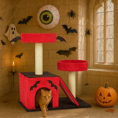 FURNIinspire Pet Tower Gothic Cat Tree Tower Halloween Pet Furniture Cute Cat Toys House With Condo, Scratching Posts, Red, 25.6"*17.7"*27.5" 5 FURNIinspire Pet Tower Gothic Cat Tree Tower Halloween Pet Furniture Cute Cat Toys House With Condo, Scratching Posts, Red, 25.6"*17.7"*27.5" - Image 3
