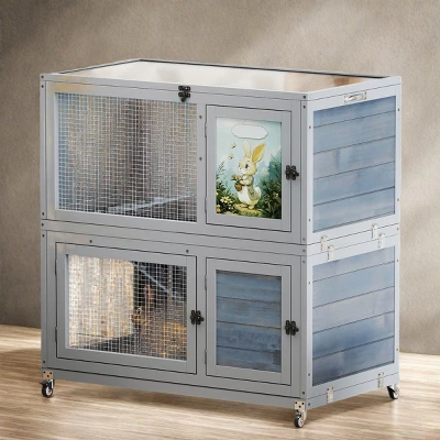 FURNIinspire Pet Crates And Houses Deluxe Two Story Rabbit Hutch With Slip Proof Ramps And Removable Trays, Grey, 35.4"*19.7"*36.6" 6 FURNIinspire Pet Crates And Houses Deluxe Two Story Rabbit Hutch With Slip Proof Ramps And Removable Trays, Grey, 35.4"*19.7"*36.6" - Image 4