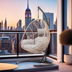 FURNIinspire Patio Swings Wicker Swing Egg Chair With Stand, Outdoor Indoor Hanging Chair With Beige Seat Cushion, Natural Color, 42“*47"*73" -Outdoor Kitchen & Living GUEST 4dbb1407 471f 4dec aeea 18160973a6b3