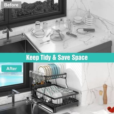 FURNIinspire Dish Racks 2-Tier Kitchen Holder Dish Drying Rack Detachable Drainer Organizer Utensil Cup Rack Swivel, Black, 17.36"*12.68"*4.29" 7 FURNIinspire Dish Racks 2-Tier Kitchen Holder Dish Drying Rack Detachable Drainer Organizer Utensil Cup Rack Swivel, Black, 17.36"*12.68"*4.29" - Image 5