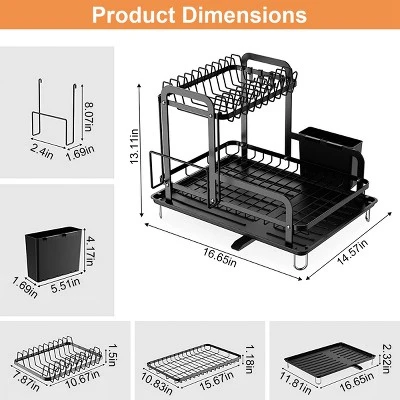 FURNIinspire Kitchen Racks 2 Tier Dish Drying Rack Kitchen Dish Rack With Drainboard Detachable Drainer Organizer, Black, 16.56"*14.57"*13.11" 4 FURNIinspire Kitchen Racks 2 Tier Dish Drying Rack Kitchen Dish Rack With Drainboard Detachable Drainer Organizer, Black, 16.56"*14.57"*13.11" - Image 2