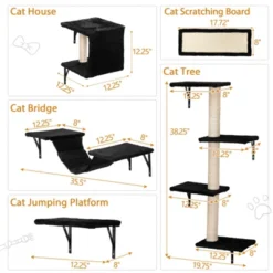 FURNIinspire Pet Tower Cat Wall Shelves, Wall Mounted Cat Climber Set Of 5, Floating Cat Perches, Cat Furniture, Black, 19.75"*8"*38.25"