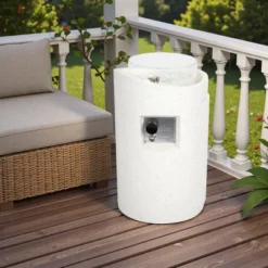 FURNIinspire Outdoor Fireplaces Backyard Cylindrical Terrazzo Gas Stove Patio Fire Pit Camping Accessories Outdoor Heater, White, 16.1"*16.1"*25.8" -Outdoor Kitchen & Living GUEST 5633d203 196d 45f1 b657 ebaef8f535d3