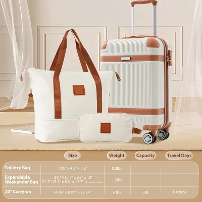 FURNIinspire Bag And Luggage Sets 3 Piece Hard Shell Luggage Set, Carry-On Suitcase With Toiletry Bag, Weekender Bag, White, 8.07"*14.96"*22.24" 4 FURNIinspire Bag And Luggage Sets 3 Piece Hard Shell Luggage Set, Carry-On Suitcase With Toiletry Bag, Weekender Bag, White, 8.07"*14.96"*22.24" - Image 2