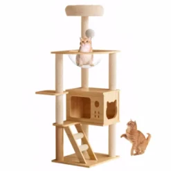 FURNIinspire Pet Tower Modern Cat Tower Cat Tree Indoor Kitty Playhouse, Cat Condo Hammock, Scratching Posts, Pet Furniture, Brown, 15.5"*18.7"*48.4" -Outdoor Kitchen & Living GUEST 5a8f49f0 9381 4e8f b050 7c569b6bcdd6