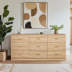 FURNIinspire Dressers Modern Natural 9 Drawer Dresser For Bedroom, Living Room, Nursery, Wooden Closet Storage Chest, Brown, 63"*15.55"*30.31" -Outdoor Kitchen & Living GUEST 5b2f2972 667d 41f5 b442 3ef1760d855f