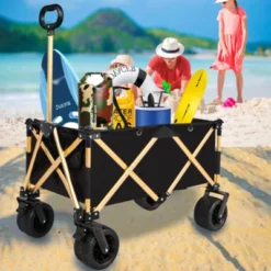 FURNIinspire Outdoor Serving Carts Aluminum Alloy Folding Wagon Utility Beach Wagon Cart For Sand With Big Wheels, Black, 38"*21.5"*34.5" -Outdoor Kitchen & Living GUEST 5d5a299f 0d5d 48f7 807b 1a5e1752430b