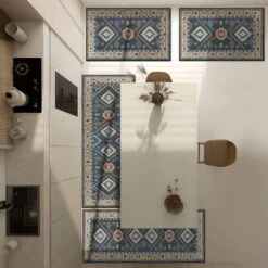 FURNIinspire Floor Mats 4 Piece Farmhouse Kitchen Rug Washable Area Rugs Non Skid Bohemian Mat For Hallway Entryway, Blue, 60"*20"