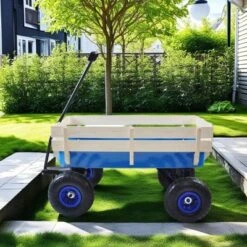 FURNIinspire Wheelbarrows And Lawn Carts Outdoor Wagon Pulling Air Tires Garden Cart, Lawn Cart With Pull Handle, Blue, 39“*19"*20"