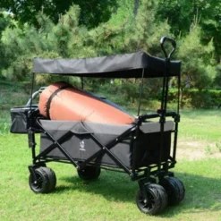 FURNIinspire Outdoor Serving Carts Collapsible Wagon Foldable With Removable Canopy Wheels For All-Terrain Brake For Camping, Black, 35.4"*19.7"*44.5"