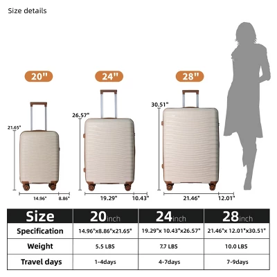 FURNIinspire Bag And Luggage Sets 3 Piece Rolling Suitcase Set, Hard Suitcases With Wheels, Lightweight Travel Luggage, Beige, 21.46"*12.01"*30.51" 4 FURNIinspire Bag And Luggage Sets 3 Piece Rolling Suitcase Set, Hard Suitcases With Wheels, Lightweight Travel Luggage, Beige, 21.46"*12.01"*30.51" - Image 2