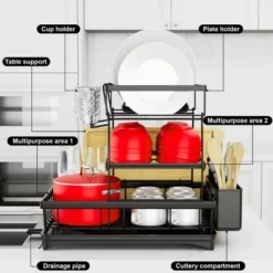 FURNIinspire 3-Tier Dish Drying Rack Drain Board Tray Dish Rack Utensil Cutting Board Holder Kitchen Organizer, Black, 16.97"*11.7"*5.66"