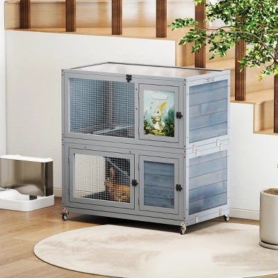 FURNIinspire Pet Crates And Houses Deluxe Two Story Rabbit Hutch With Slip Proof Ramps And Removable Trays, Grey, 35.4"*19.7"*36.6" 3 FURNIinspire Pet Crates And Houses Deluxe Two Story Rabbit Hutch With Slip Proof Ramps And Removable Trays, Grey, 35.4"*19.7"*36.6"